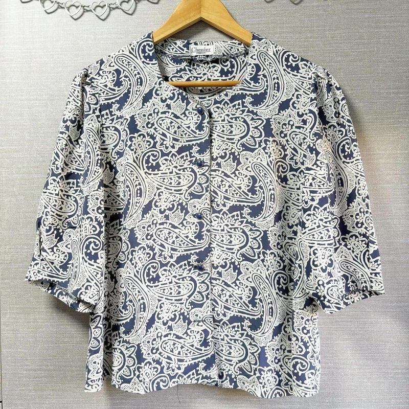 日本古著 ❁ 粉藍白腰果花襯衣