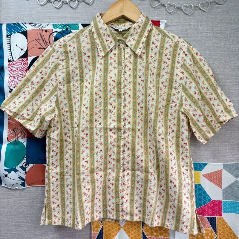 日本古著 ❁ 綠白色直紋田園小花襯衣 - Image 2