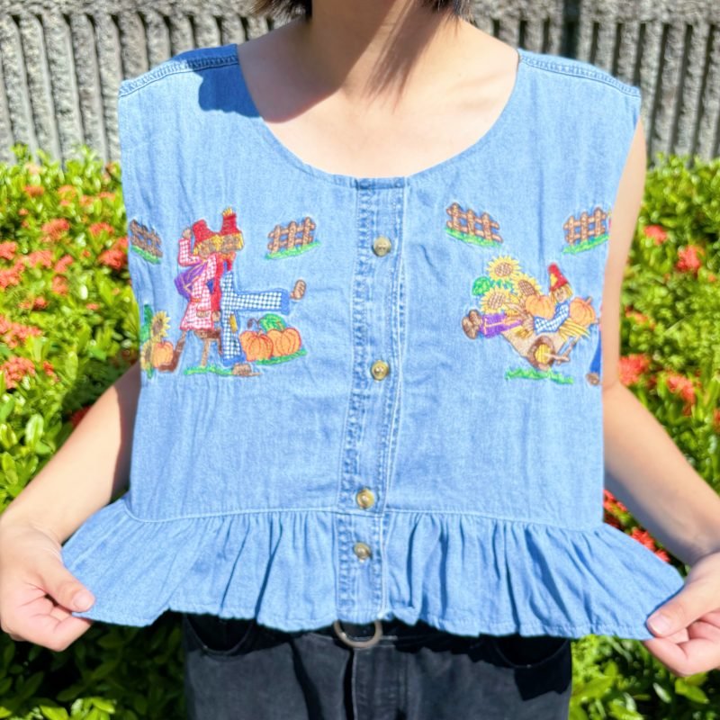 日本古著 ❁ 牛仔稻草人田園刺繡背心 - Image 2