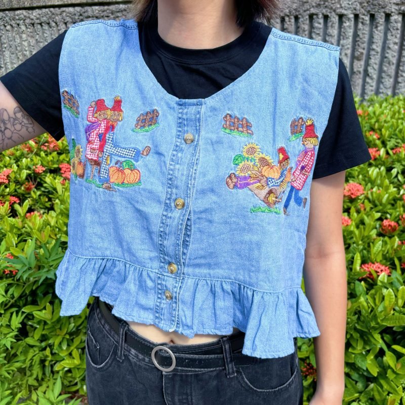 日本古著 ❁ 牛仔稻草人田園刺繡背心 - Image 3
