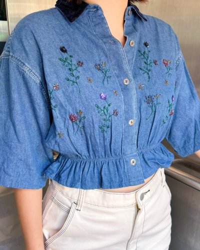 日本古著 ❁ 牛仔刺繡珠珠短身束腰上衣