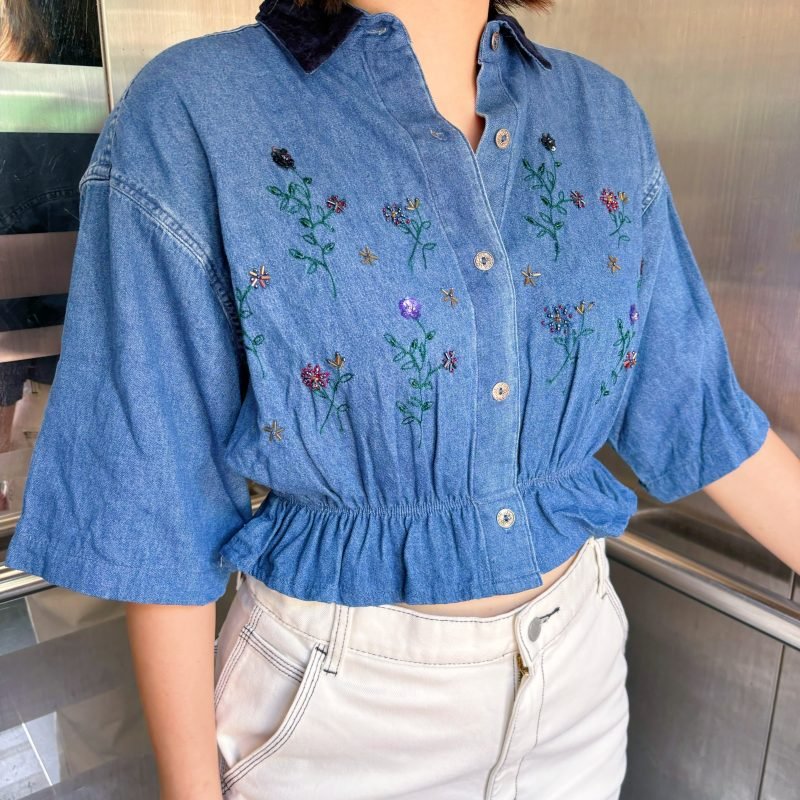日本古著 ❁ 牛仔刺繡珠珠短身束腰上衣